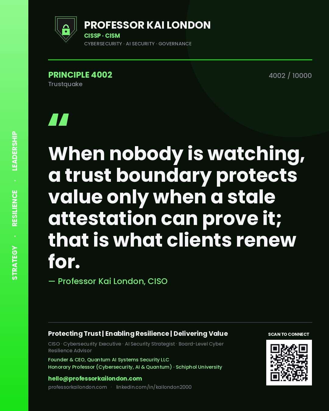Quote card by Professor Kai London reading 'When nobody is watching, a trust boundary protects value only when a stale attestation can prove it; that is what clients renew for.'. From the book Trustquake.