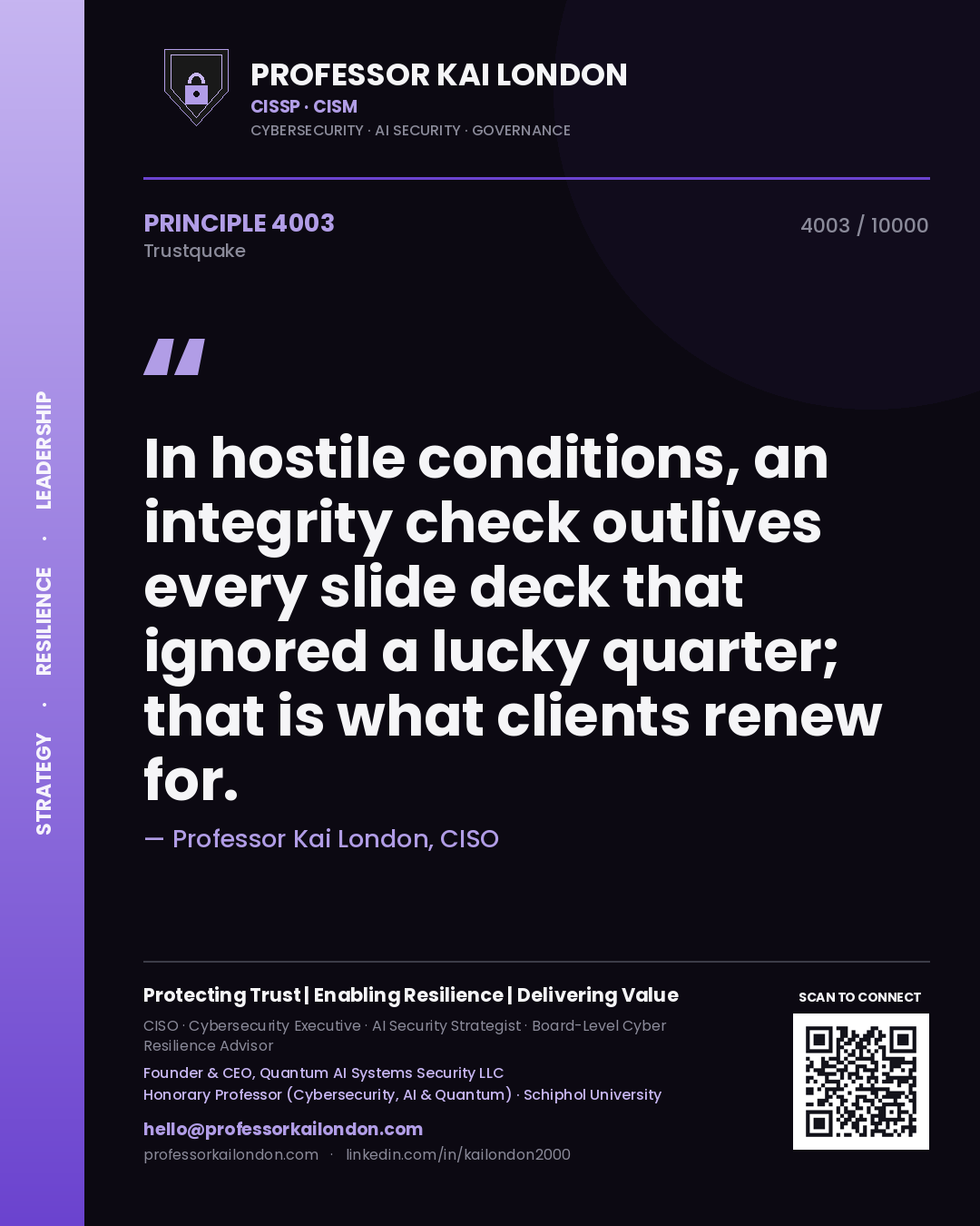 Quote card by Professor Kai London reading 'In hostile conditions, an integrity check outlives every slide deck that ignored a lucky quarter; that is what clients renew for.'. From the book Trustquake.