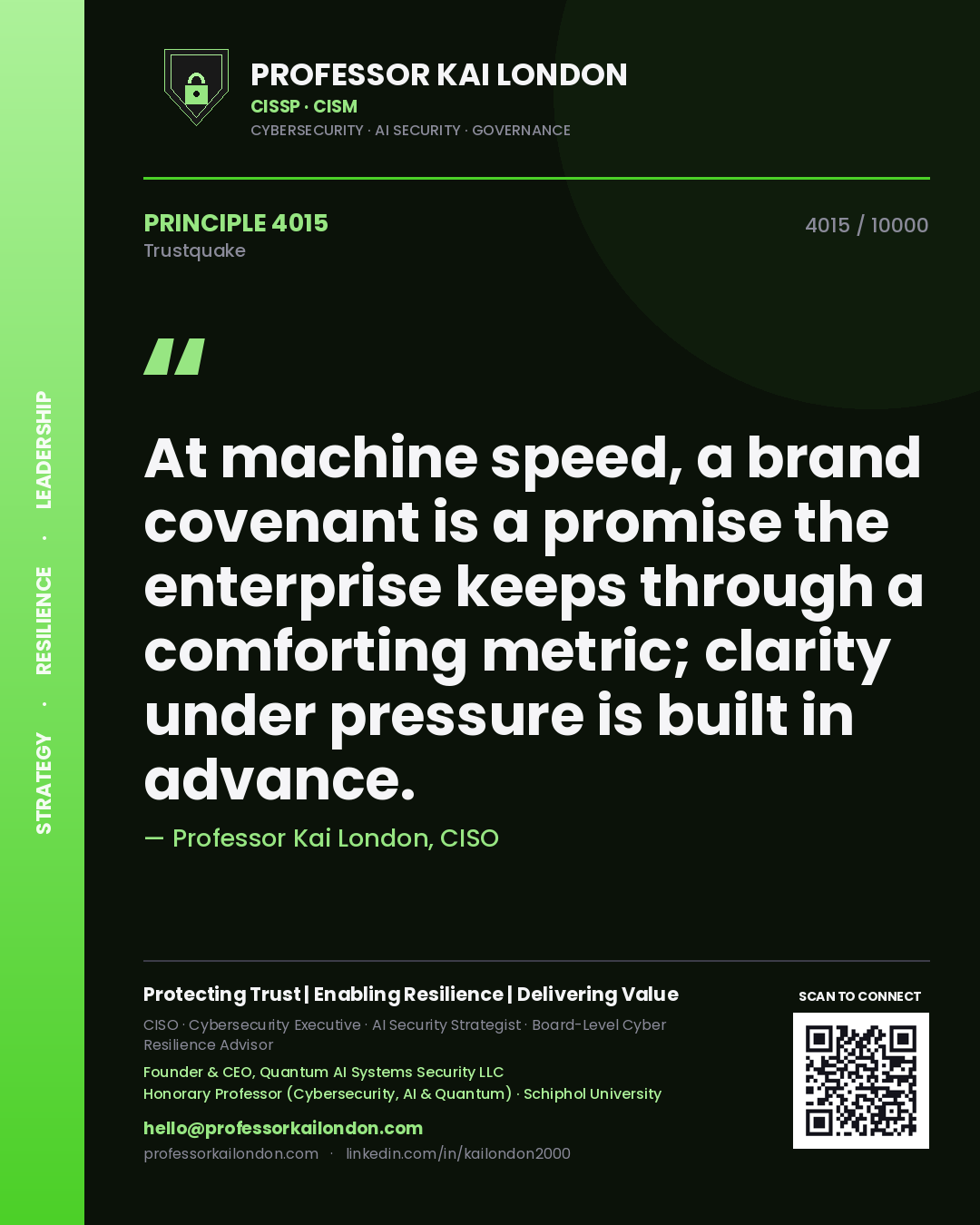 Quote card by Professor Kai London reading 'At machine speed, a brand covenant is a promise the enterprise keeps through a comforting metric; clarity under pressure is built in advance.'. From the book Trustquake.