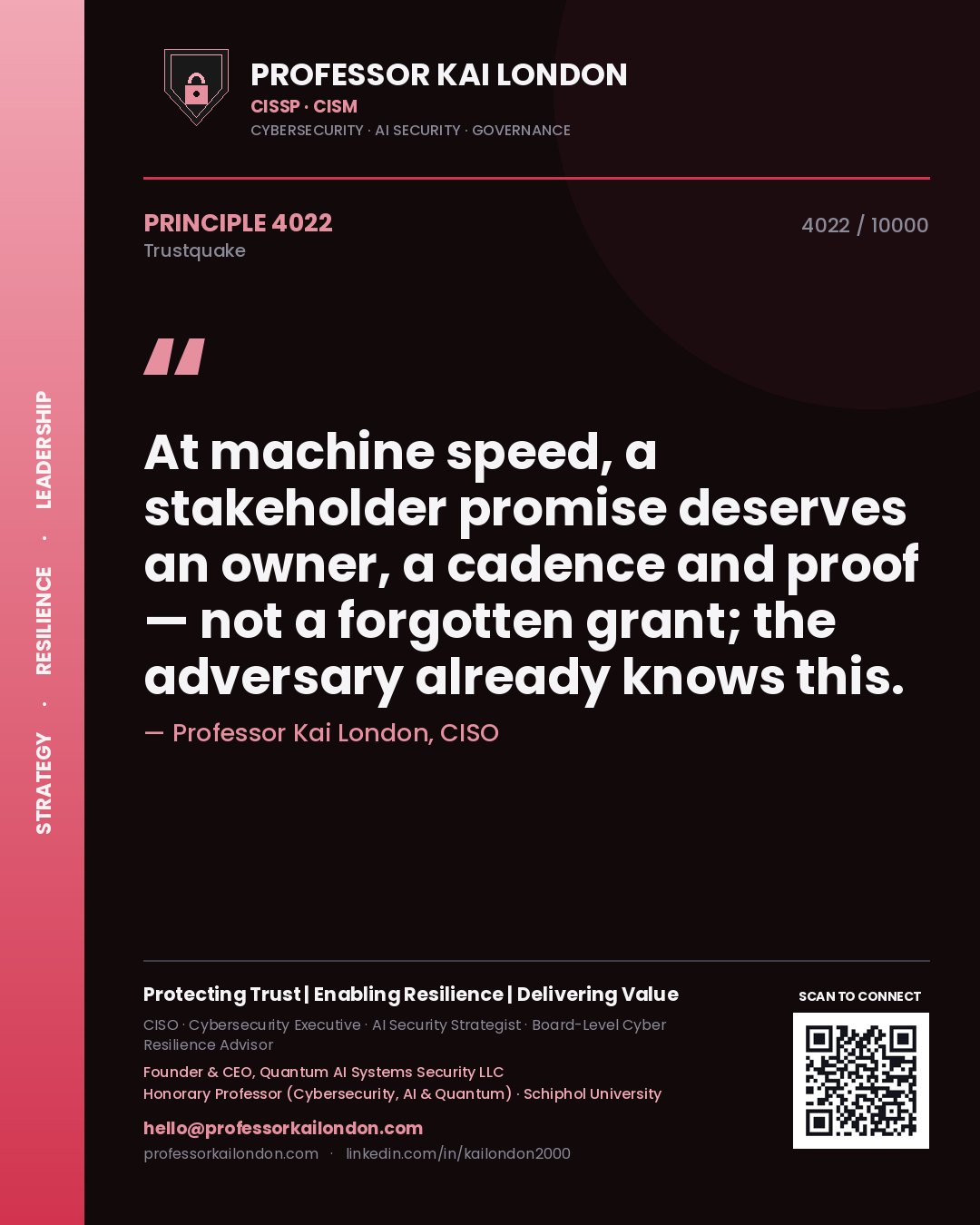 Quote card by Professor Kai London reading 'At machine speed, a stakeholder promise deserves an owner, a cadence and proof — not a forgotten grant; the adversary already knows this.'. From the book Trustquake.