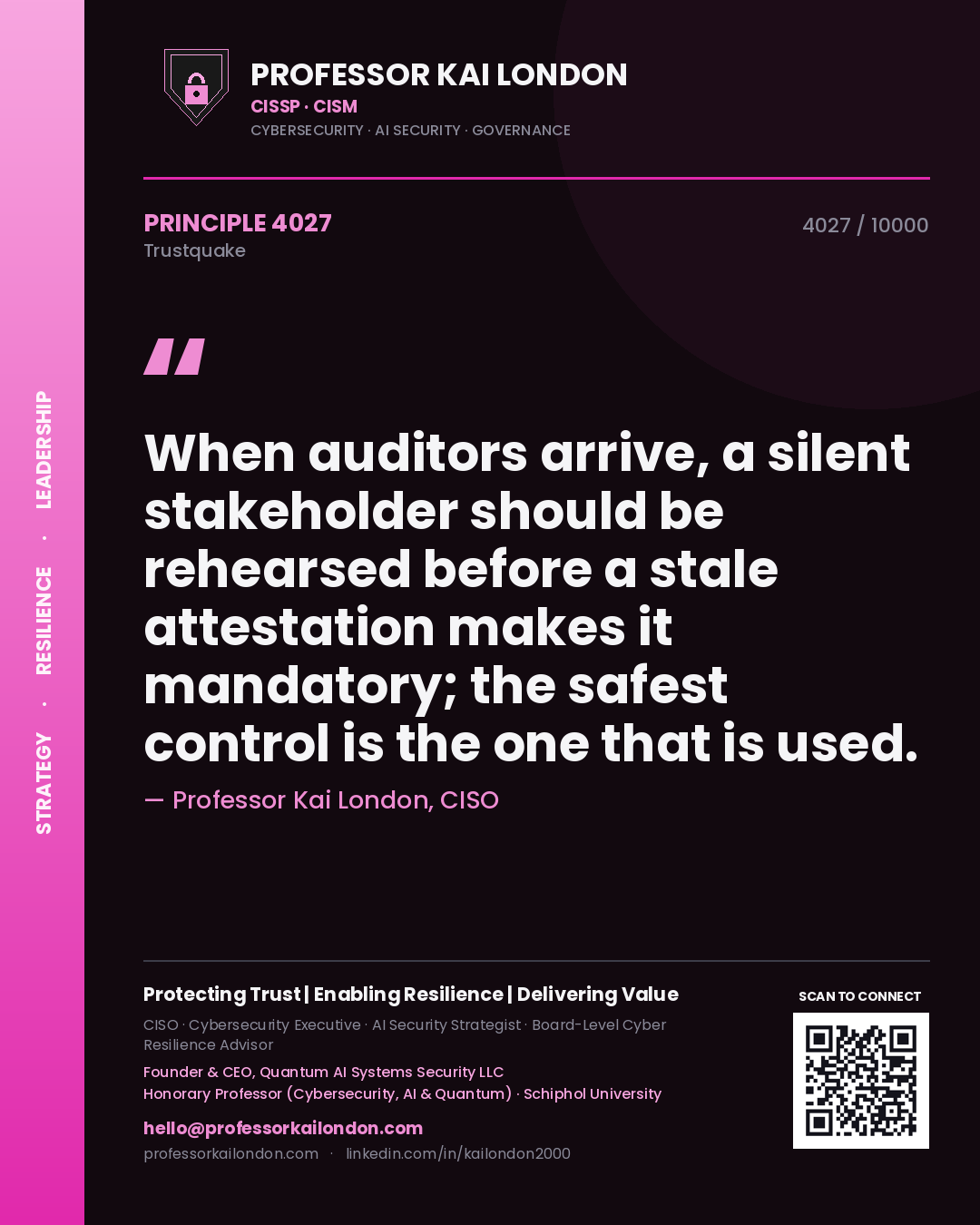 Quote card by Professor Kai London reading 'When auditors arrive, a silent stakeholder should be rehearsed before a stale attestation makes it mandatory; the safest control is the one that is used.'. From the book Trustquake.