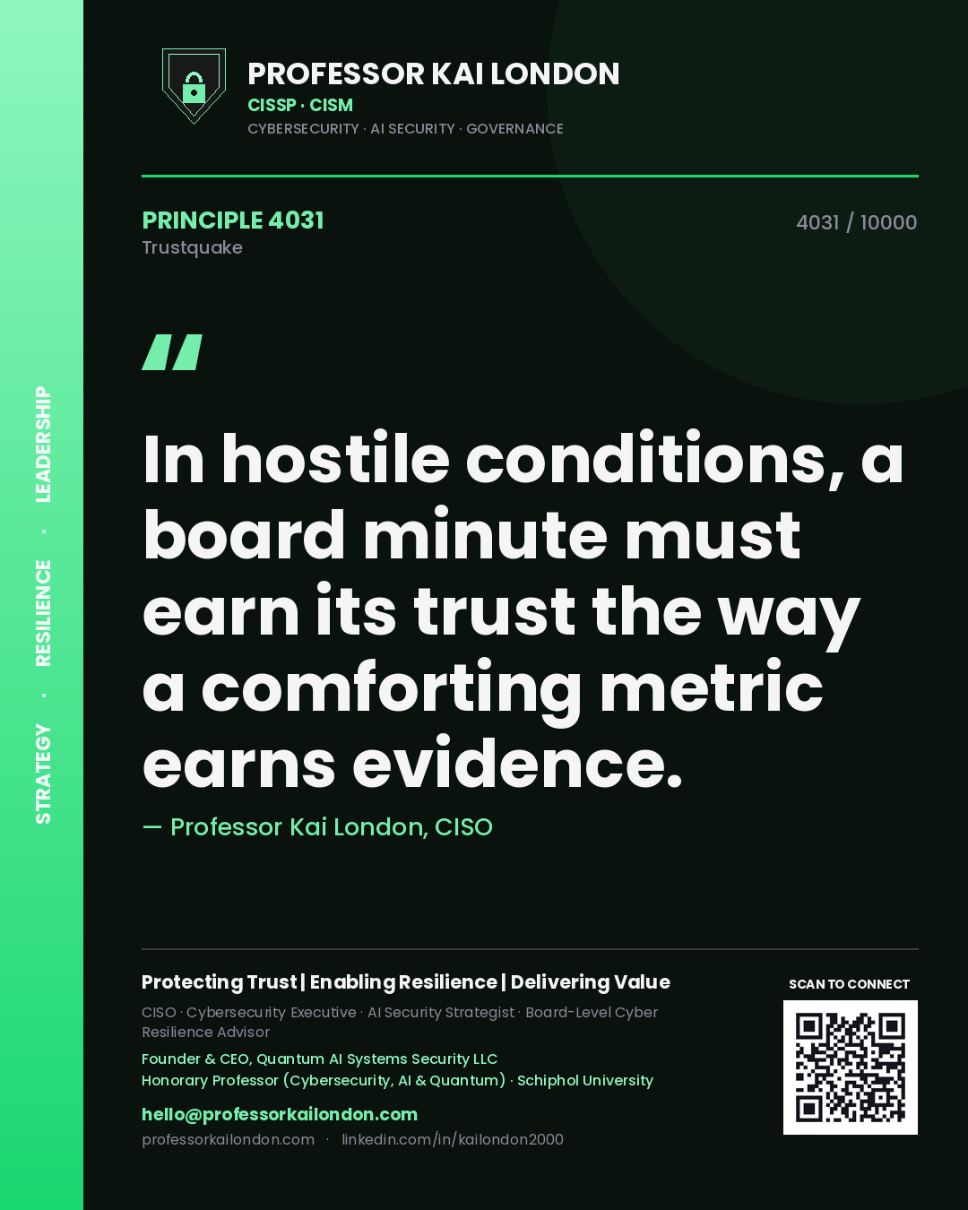 Quote card by Professor Kai London reading 'In hostile conditions, a board minute must earn its trust the way a comforting metric earns evidence.'. From the book Trustquake.