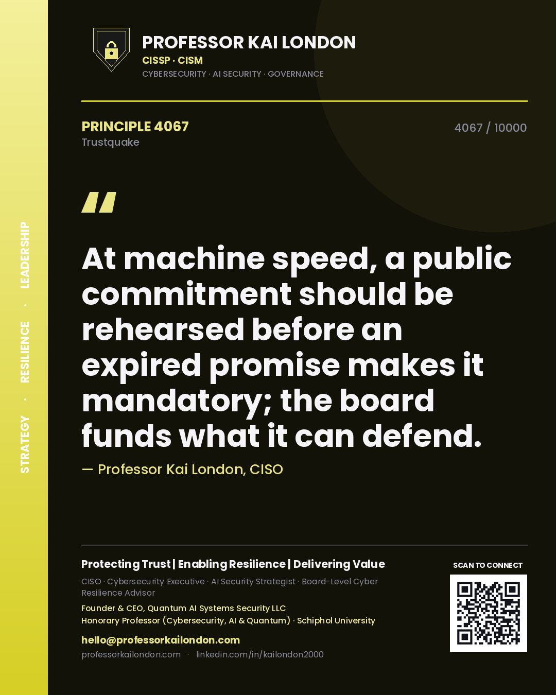 Quote card by Professor Kai London reading 'At machine speed, a public commitment should be rehearsed before an expired promise makes it mandatory; the board funds what it can defend.'. From the book Trustquake.
