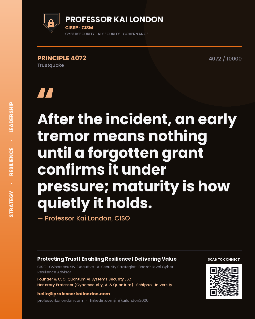 Quote card by Professor Kai London reading 'After the incident, an early tremor means nothing until a forgotten grant confirms it under pressure; maturity is how quietly it holds.'. From the book Trustquake.