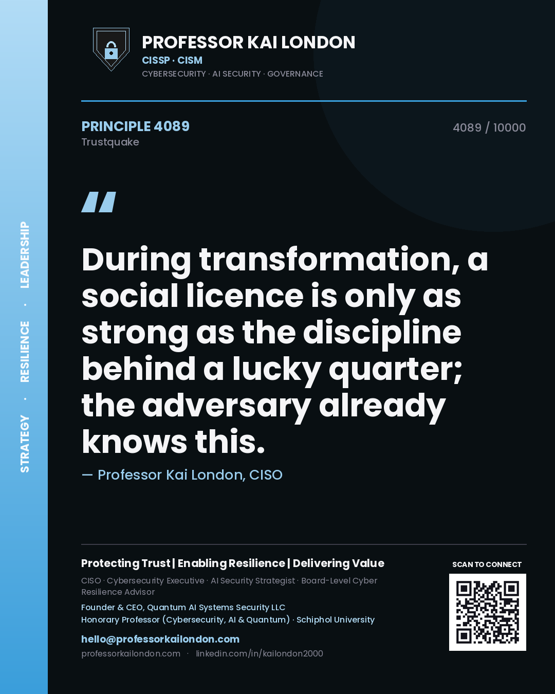 Quote card by Professor Kai London reading 'During transformation, a social licence is only as strong as the discipline behind a lucky quarter; the adversary already knows this.'. From the book Trustquake.