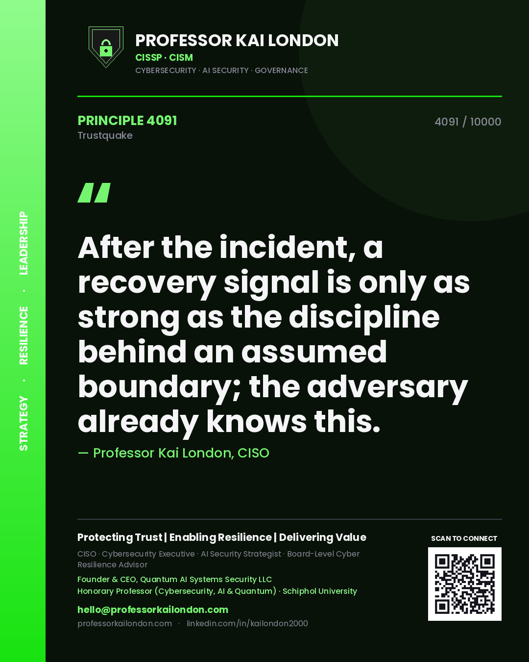 Quote card by Professor Kai London reading 'After the incident, a recovery signal is only as strong as the discipline behind an assumed boundary; the adversary already knows this.'. From the book Trustquake.