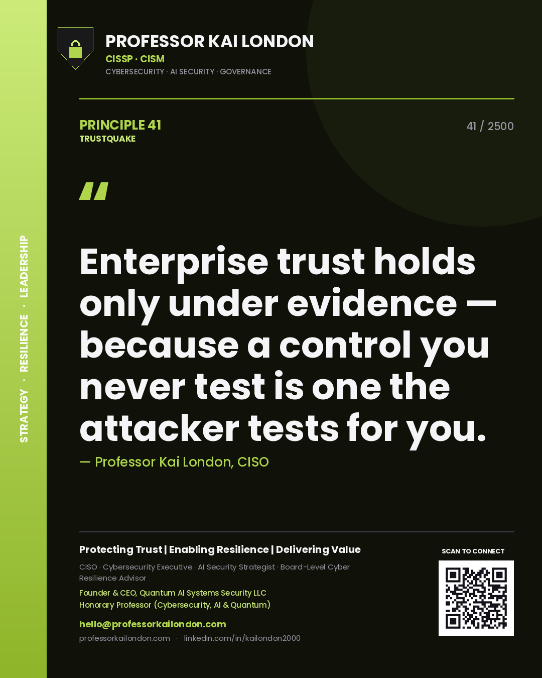 Quote card by Professor Kai London reading 'Enterprise trust holds only under evidence — because a control you never test is one the attacker tests for you.'. From the book Trustquake.