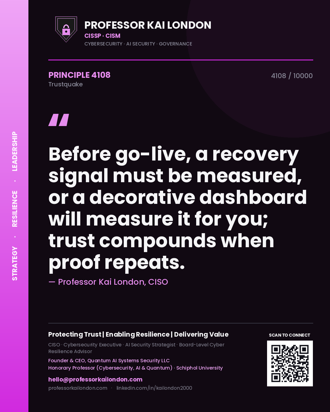 Quote card by Professor Kai London reading 'Before go-live, a recovery signal must be measured, or a decorative dashboard will measure it for you; trust compounds when proof repeats.'. From the book Trustquake.