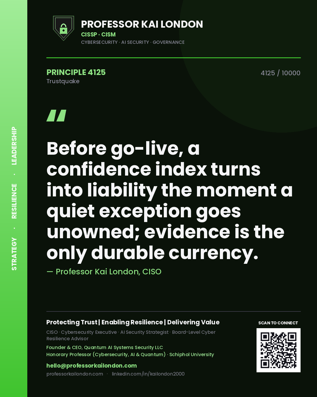 Quote card by Professor Kai London reading 'Before go-live, a confidence index turns into liability the moment a quiet exception goes unowned; evidence is the only durable currency.'. From the book Trustquake.