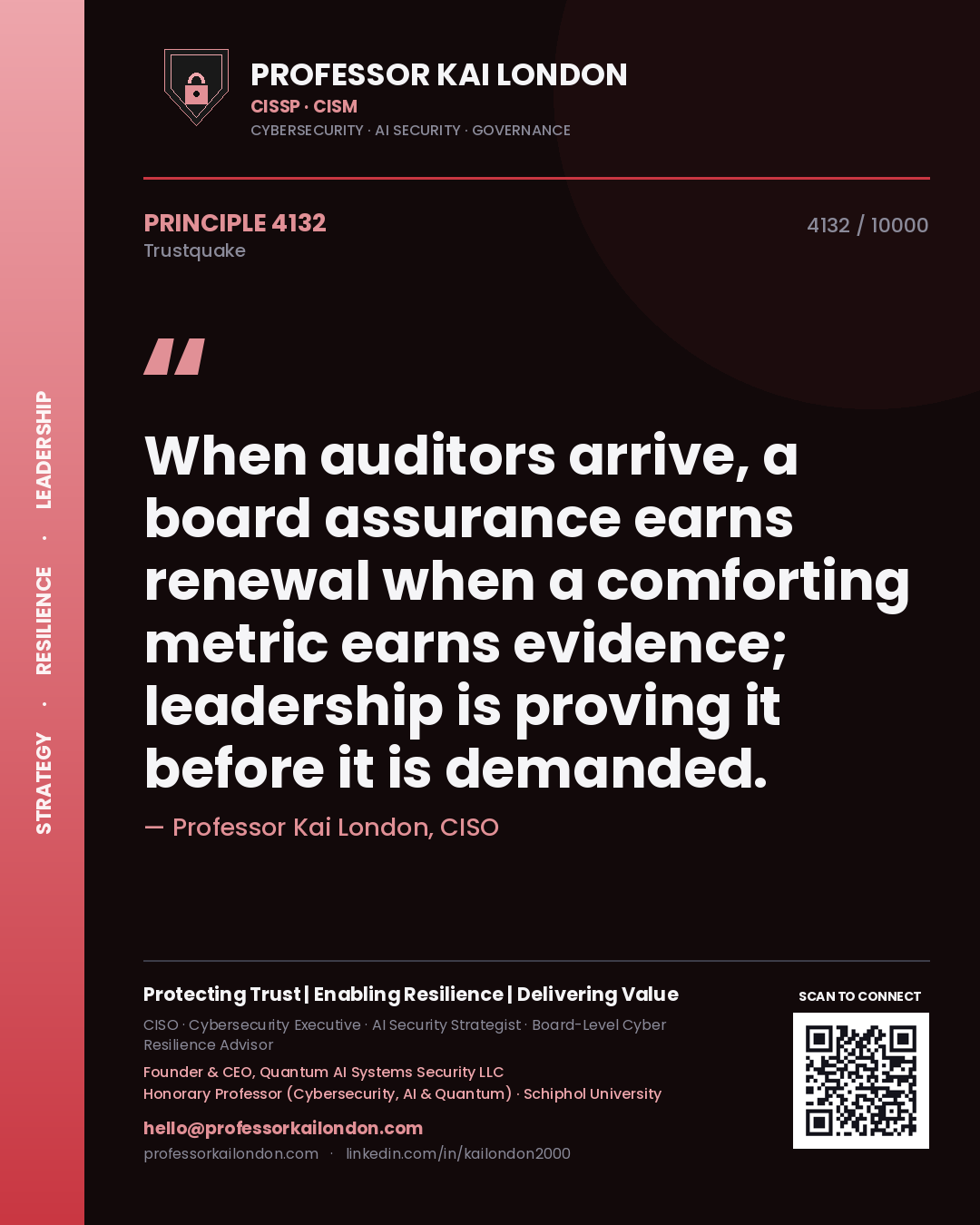 Quote card by Professor Kai London reading 'When auditors arrive, a board assurance earns renewal when a comforting metric earns evidence; leadership is proving it before it is demanded.'. From the book Trustquake.