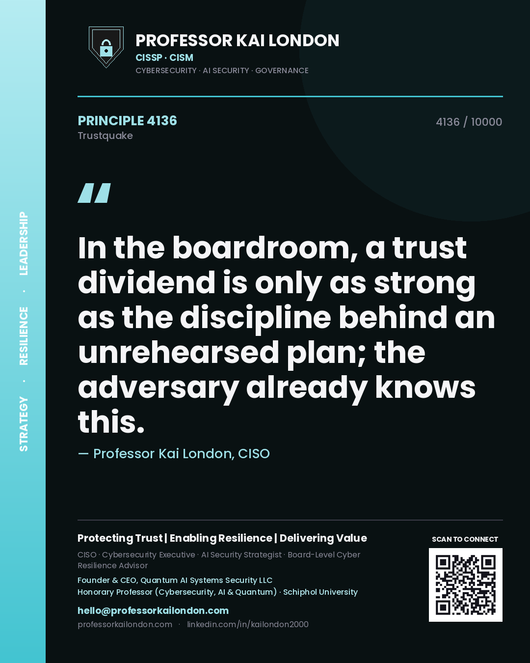 Professor Kai London principle 4136: In the boardroom, a trust dividend is only as strong as the discipline behind an unrehearsed plan; the adversary already knows this.