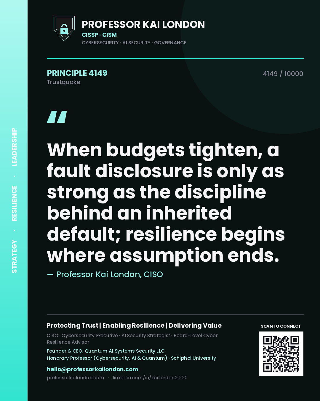 Quote card by Professor Kai London reading 'When budgets tighten, a fault disclosure is only as strong as the discipline behind an inherited default; resilience begins where assumption ends.'. From the book Trustquake.