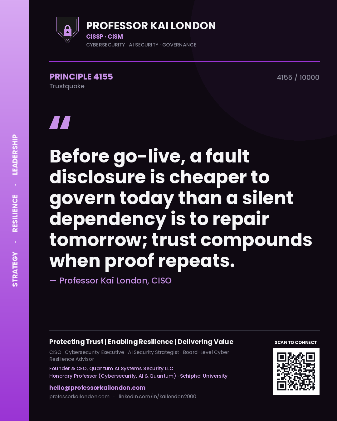 Quote card by Professor Kai London reading 'Before go-live, a fault disclosure is cheaper to govern today than a silent dependency is to repair tomorrow; trust compounds when proof repeats.'. From the book Trustquake.