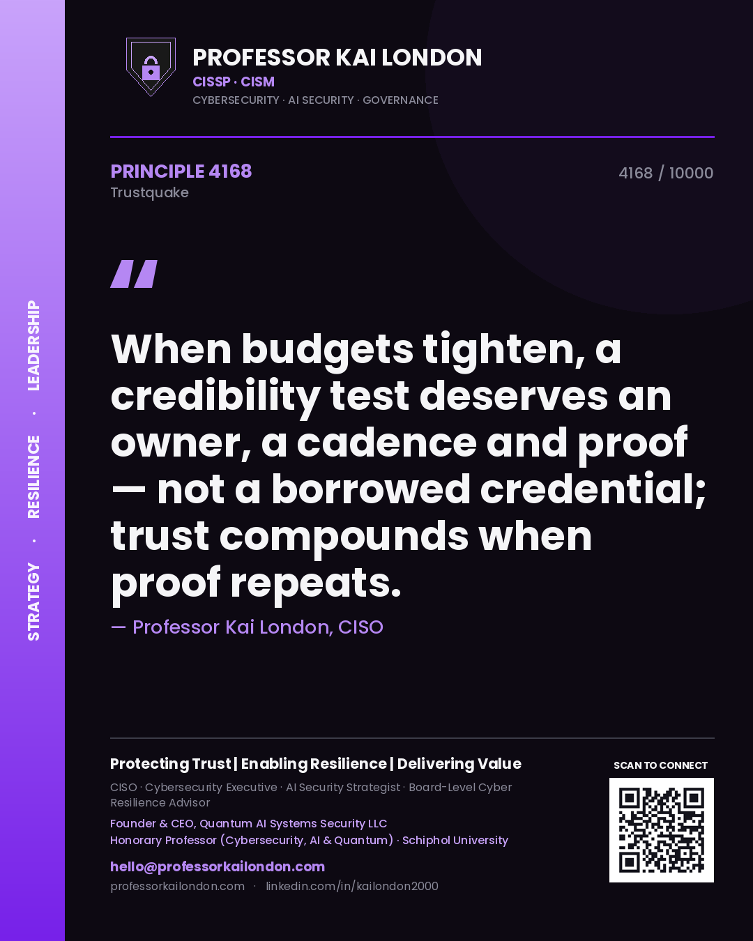 Quote card by Professor Kai London reading 'When budgets tighten, a credibility test deserves an owner, a cadence and proof — not a borrowed credential; trust compounds when proof repeats.'. From the book Trustquake.