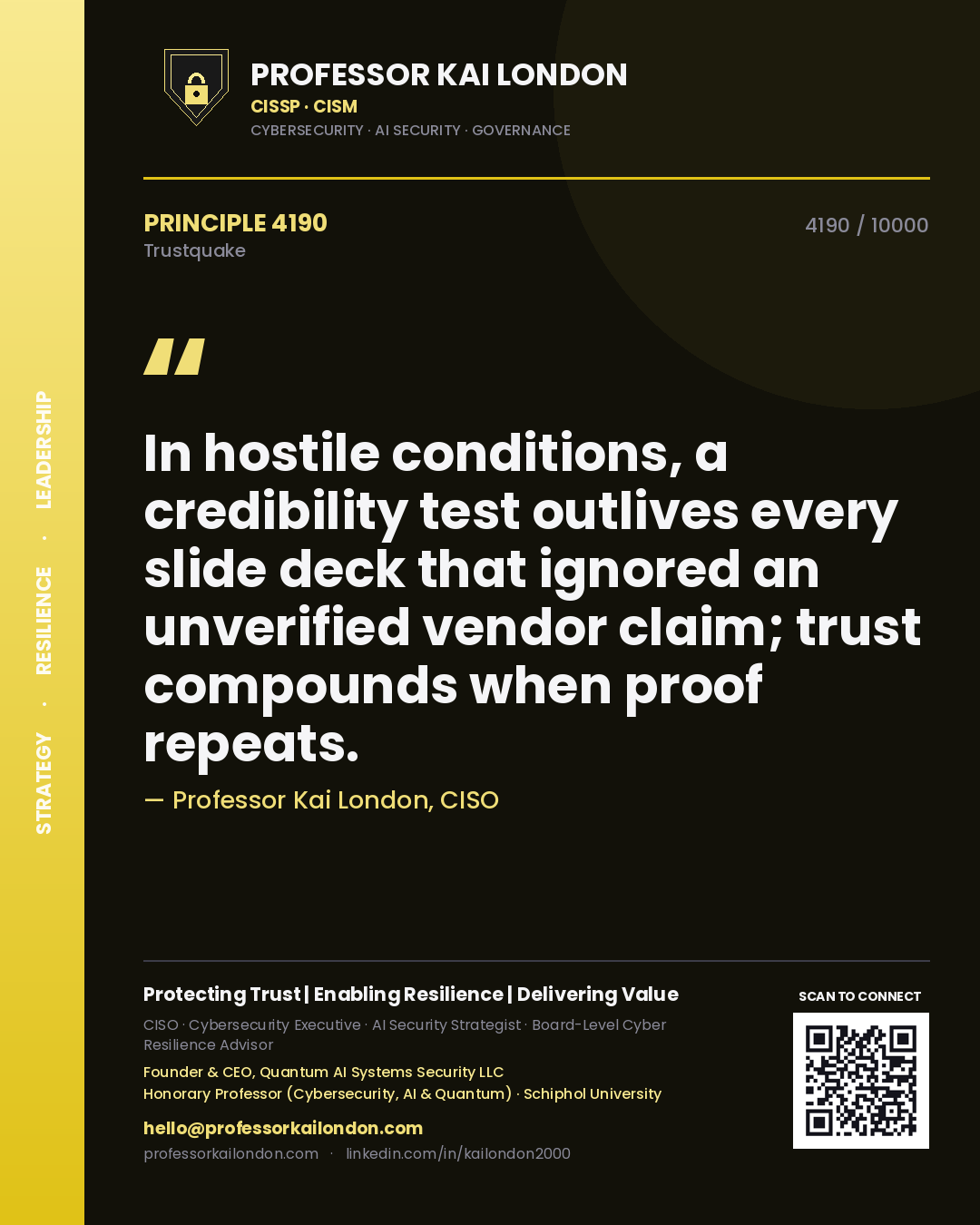 Quote card by Professor Kai London reading 'In hostile conditions, a credibility test outlives every slide deck that ignored an unverified vendor claim; trust compounds when proof repeats.'. From the book Trustquake.