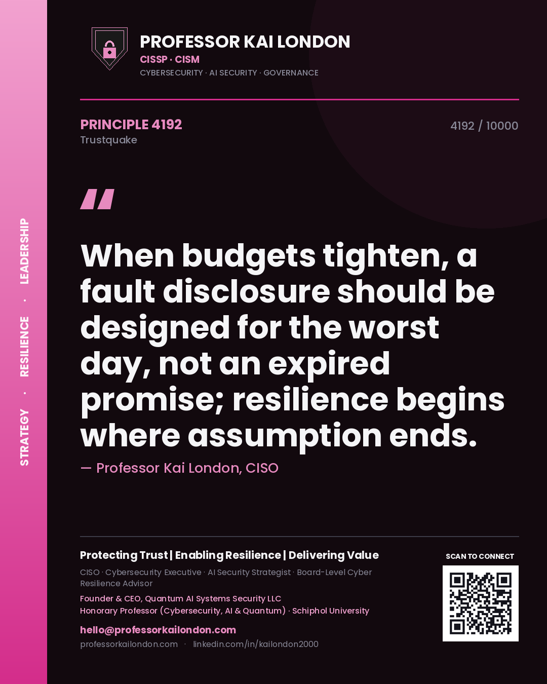 Quote card by Professor Kai London reading 'When budgets tighten, a fault disclosure should be designed for the worst day, not an expired promise; resilience begins where assumption ends.'. From the book Trustquake.