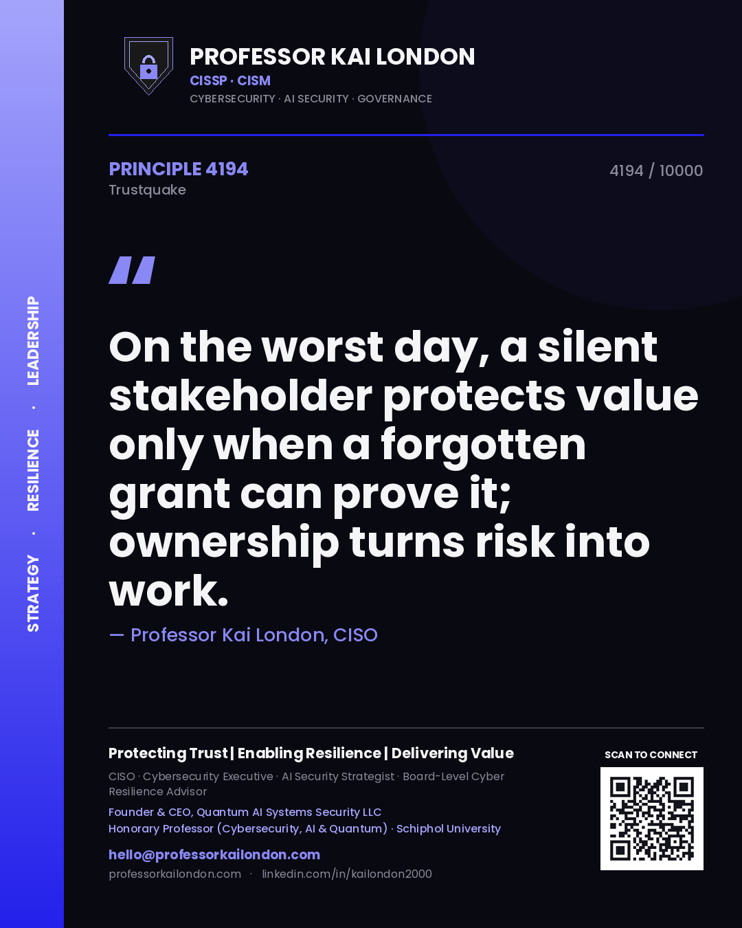 Quote card by Professor Kai London reading 'On the worst day, a silent stakeholder protects value only when a forgotten grant can prove it; ownership turns risk into work.'. From the book Trustquake.