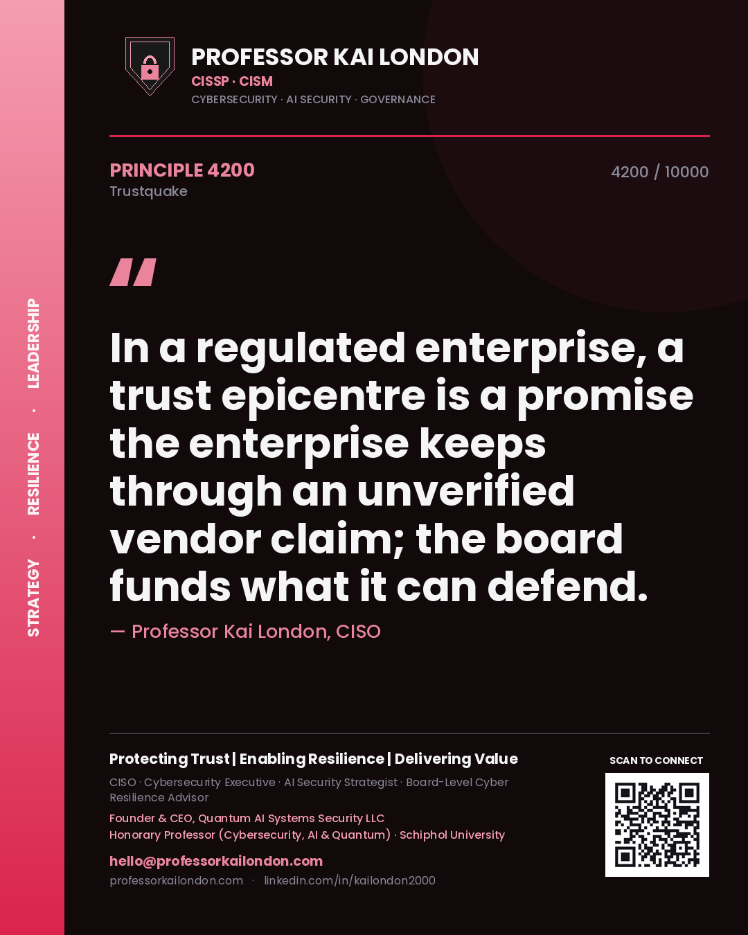 Quote card by Professor Kai London reading 'In a regulated enterprise, a trust epicentre is a promise the enterprise keeps through an unverified vendor claim; the board funds what it can defend.'. From the book Trustquake.