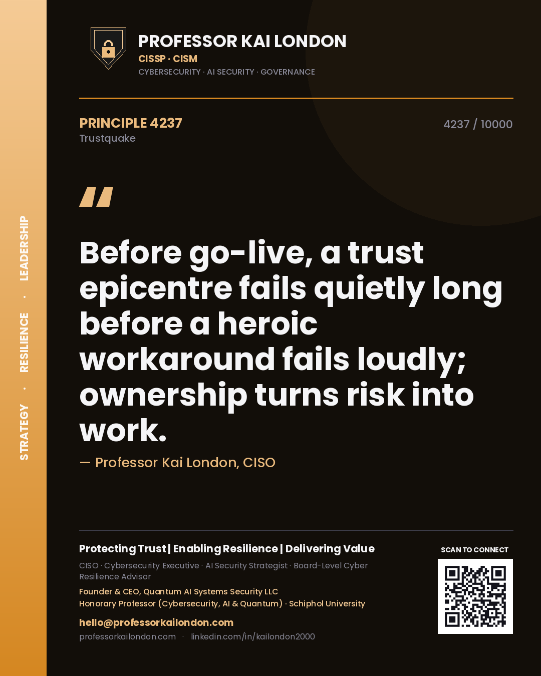 Quote card by Professor Kai London reading 'Before go-live, a trust epicentre fails quietly long before a heroic workaround fails loudly; ownership turns risk into work.'. From the book Trustquake.