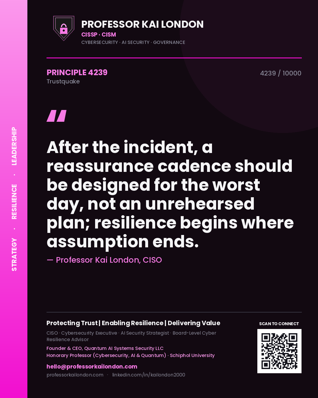 Professor Kai London principle 4239: After the incident, a reassurance cadence should be designed for the worst day, not an unrehearsed plan; resilience begins where assumption ends.