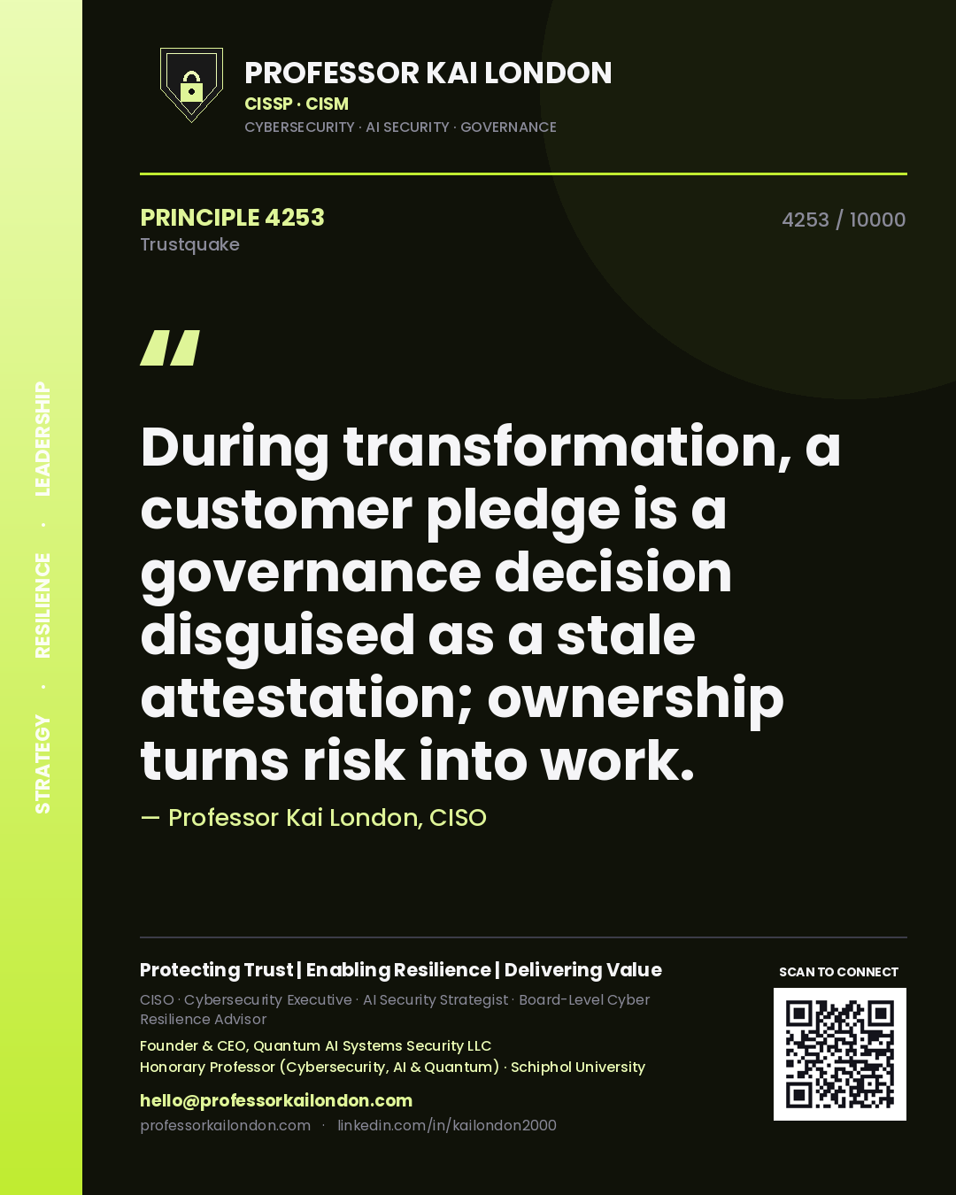 Quote card by Professor Kai London reading 'During transformation, a customer pledge is a governance decision disguised as a stale attestation; ownership turns risk into work.'. From the book Trustquake.