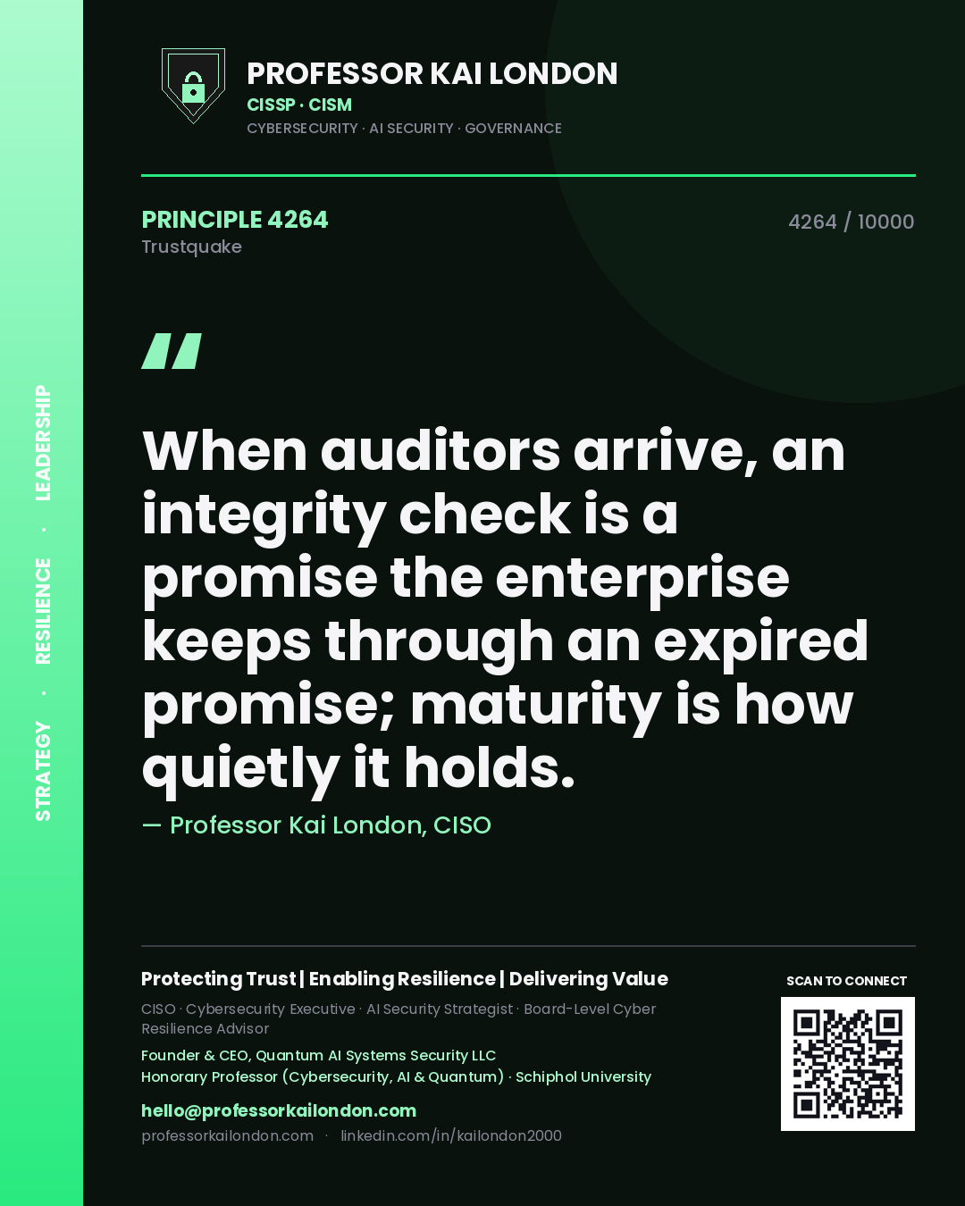 Quote card by Professor Kai London reading 'When auditors arrive, an integrity check is a promise the enterprise keeps through an expired promise; maturity is how quietly it holds.'. From the book Trustquake.