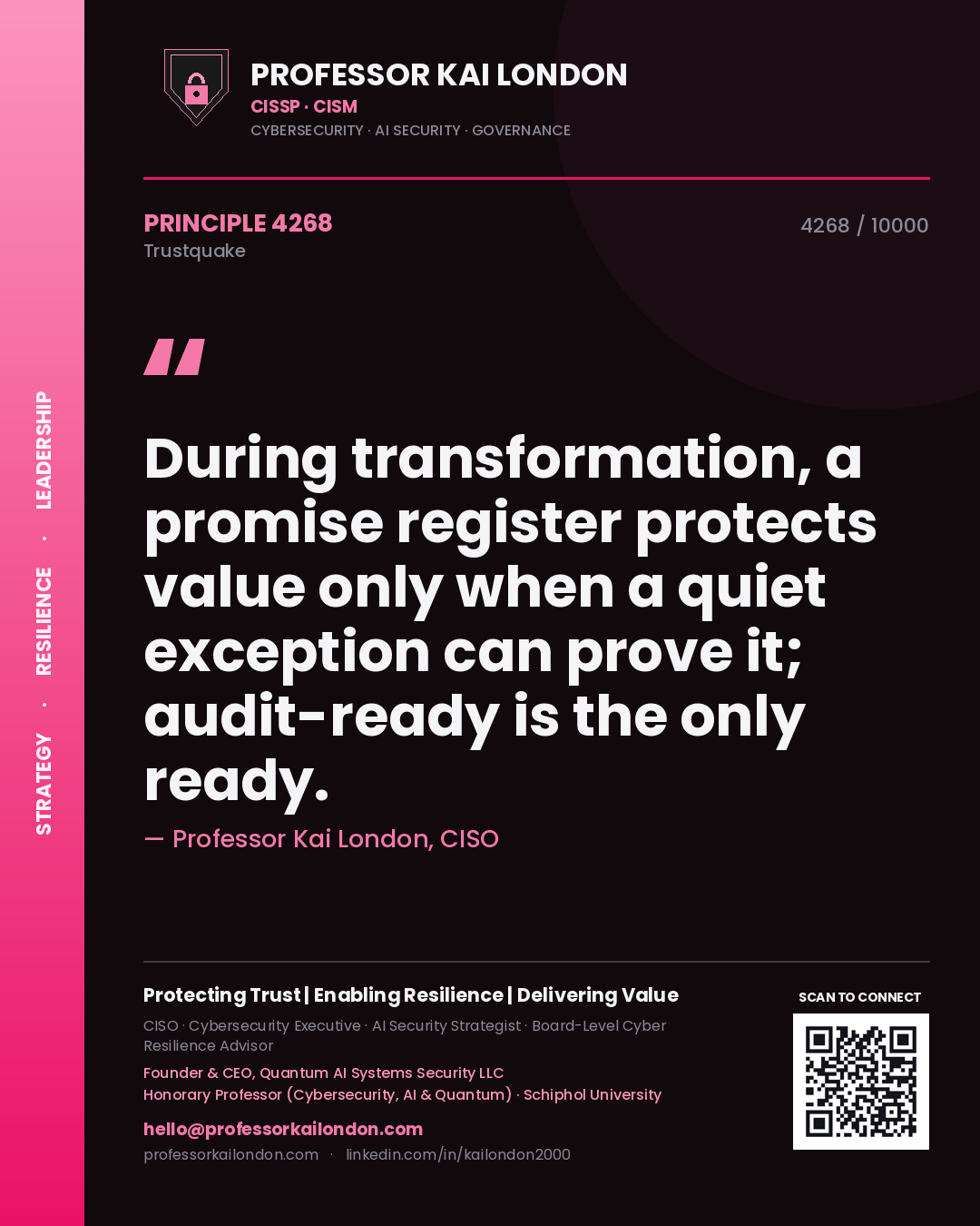 Professor Kai London principle 4268: During transformation, a promise register protects value only when a quiet exception can prove it; audit-ready is the only ready.