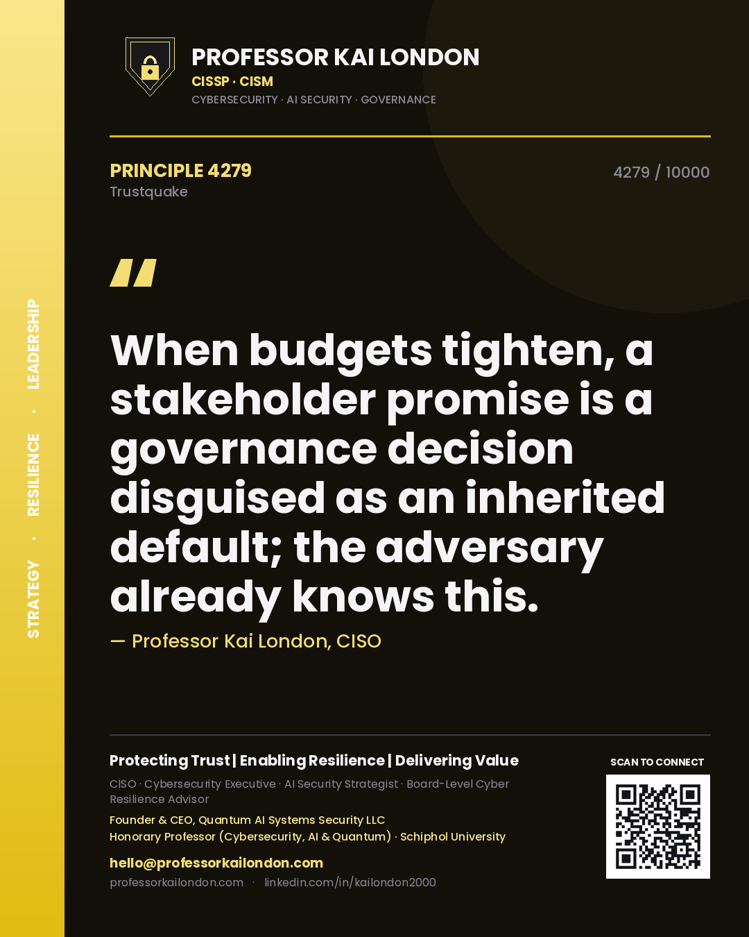 Quote card by Professor Kai London reading 'When budgets tighten, a stakeholder promise is a governance decision disguised as an inherited default; the adversary already knows this.'. From the book Trustquake.