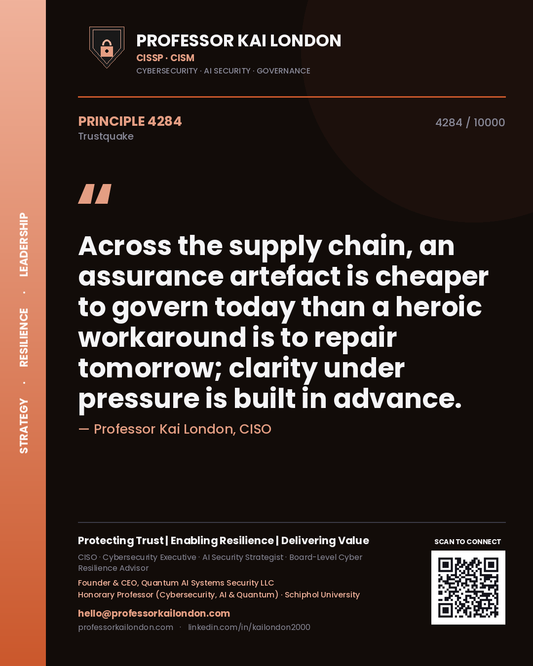 Professor Kai London principle 4284: Across the supply chain, an assurance artefact is cheaper to govern today than a heroic workaround is to repair tomorrow; clarity under pressure is built in advance.