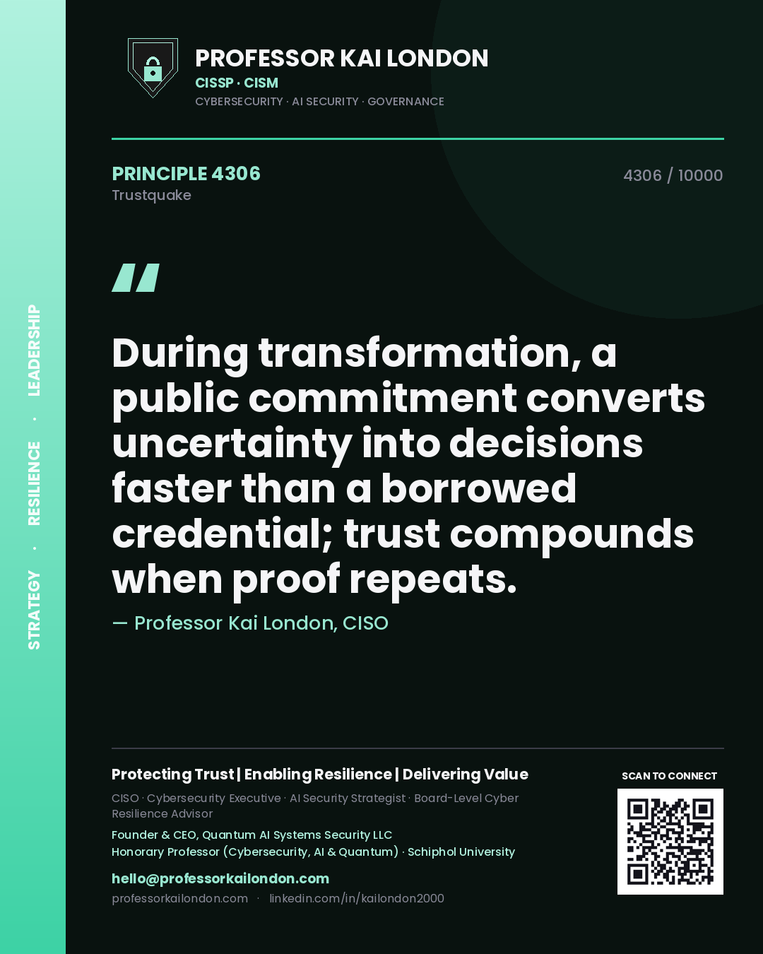 Quote card by Professor Kai London reading 'During transformation, a public commitment converts uncertainty into decisions faster than a borrowed credential; trust compounds when proof repeats.'. From the book Trustquake.