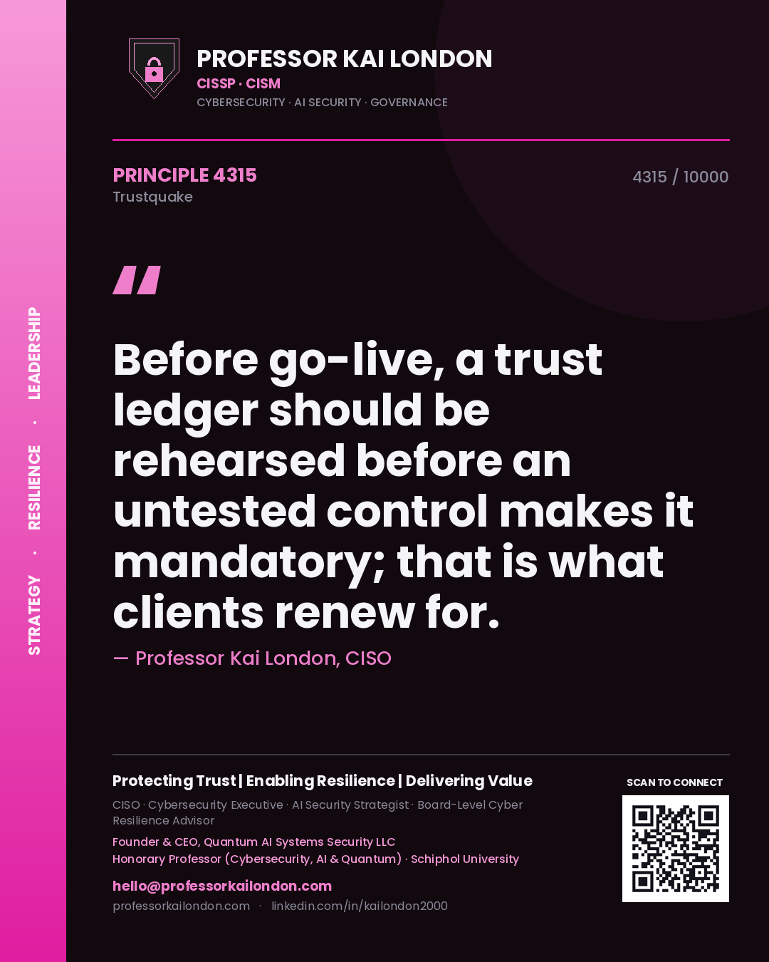 Professor Kai London principle 4315: Before go-live, a trust ledger should be rehearsed before an untested control makes it mandatory; that is what clients renew for.