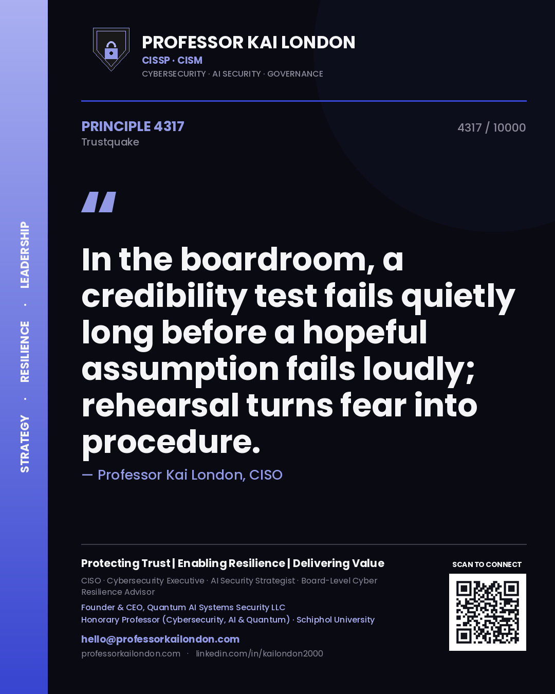 Quote card by Professor Kai London reading 'In the boardroom, a credibility test fails quietly long before a hopeful assumption fails loudly; rehearsal turns fear into procedure.'. From the book Trustquake.