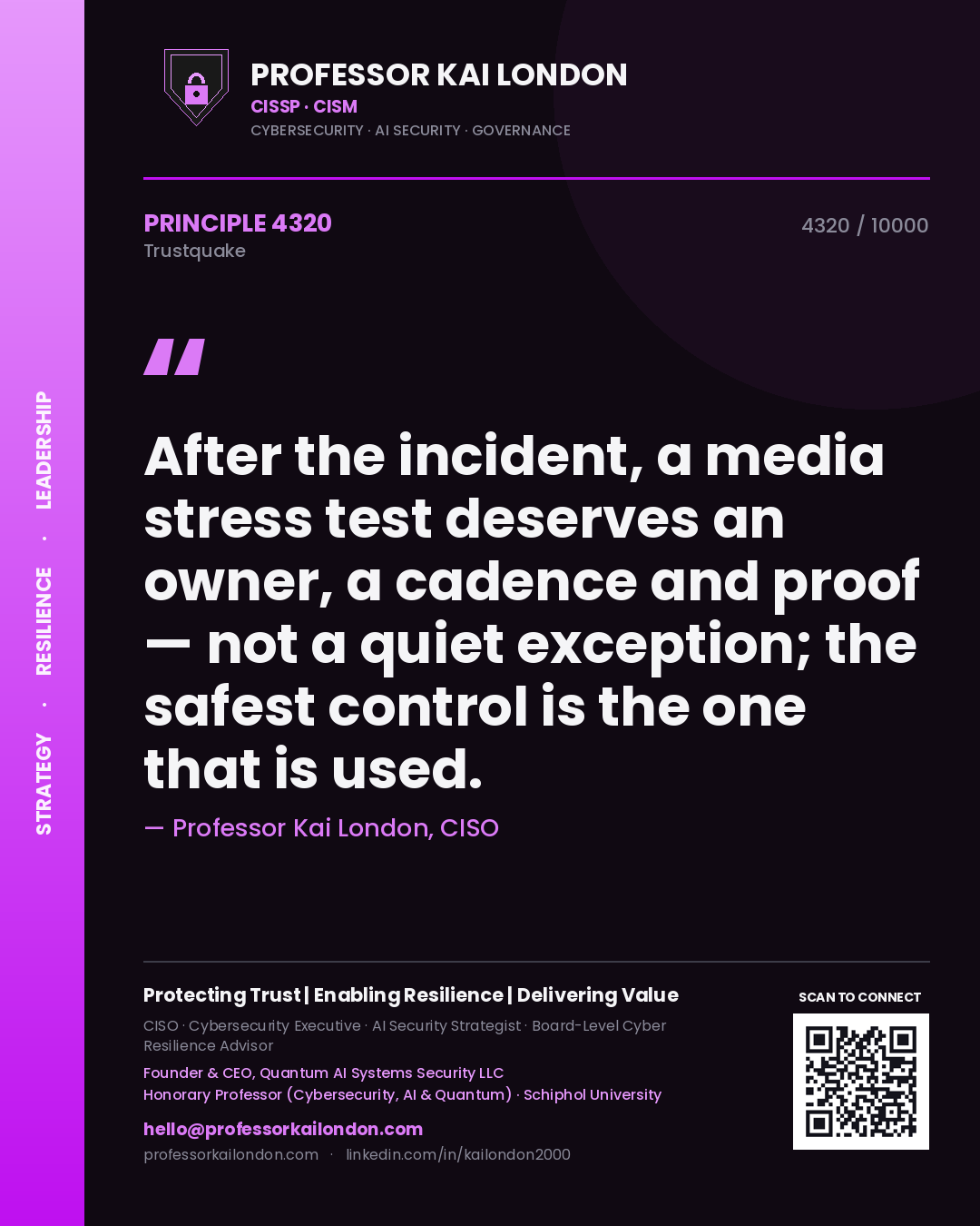 Quote card by Professor Kai London reading 'After the incident, a media stress test deserves an owner, a cadence and proof — not a quiet exception; the safest control is the one that is used.'. From the book Trustquake.