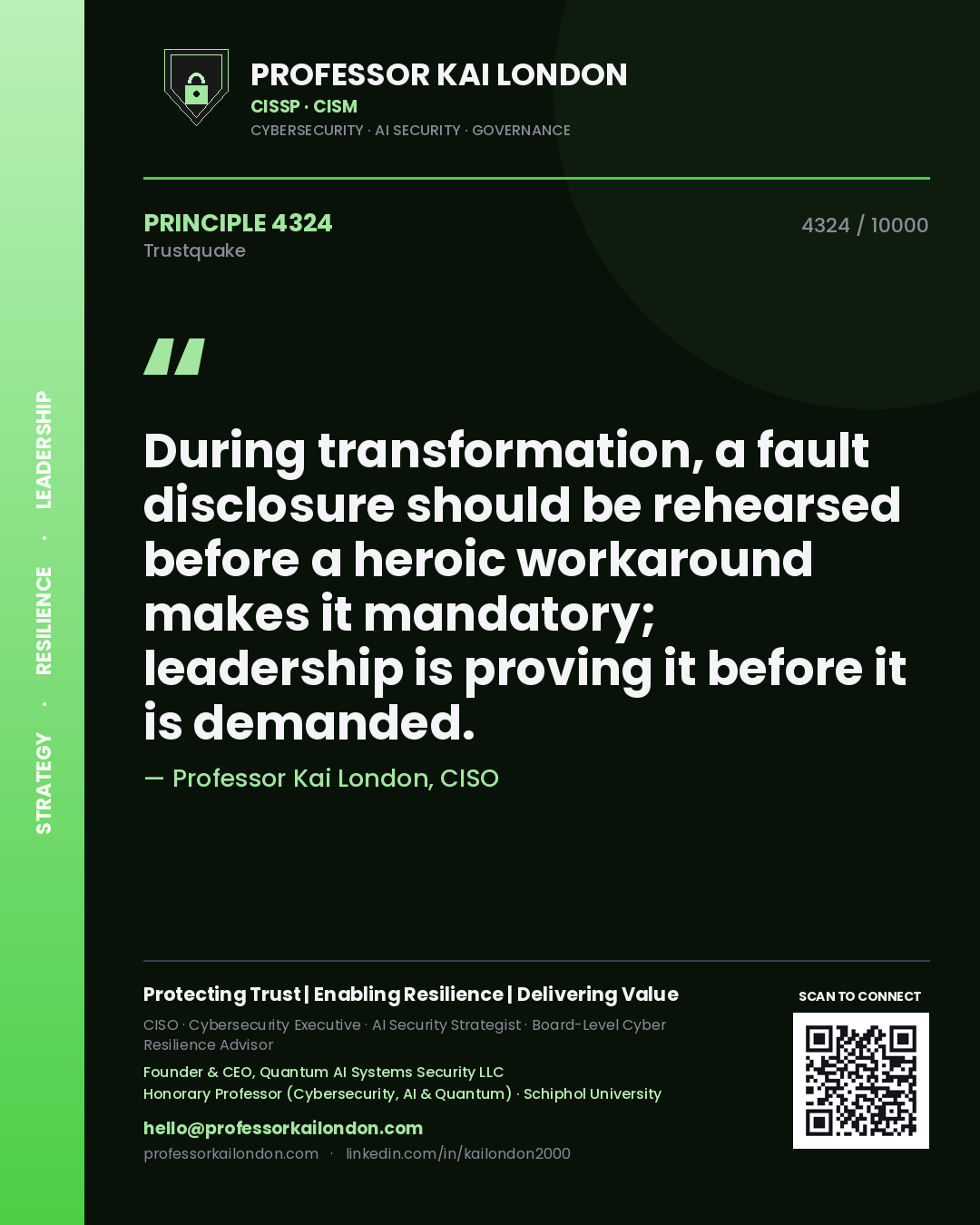Professor Kai London principle 4324: During transformation, a fault disclosure should be rehearsed before a heroic workaround makes it mandatory; leadership is proving it before it is demanded.