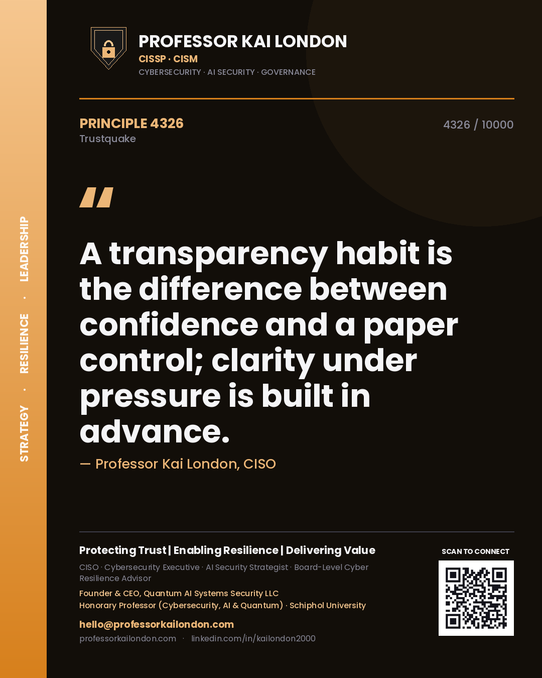 Quote card by Professor Kai London reading 'A transparency habit is the difference between confidence and a paper control; clarity under pressure is built in advance.'. From the book Trustquake.