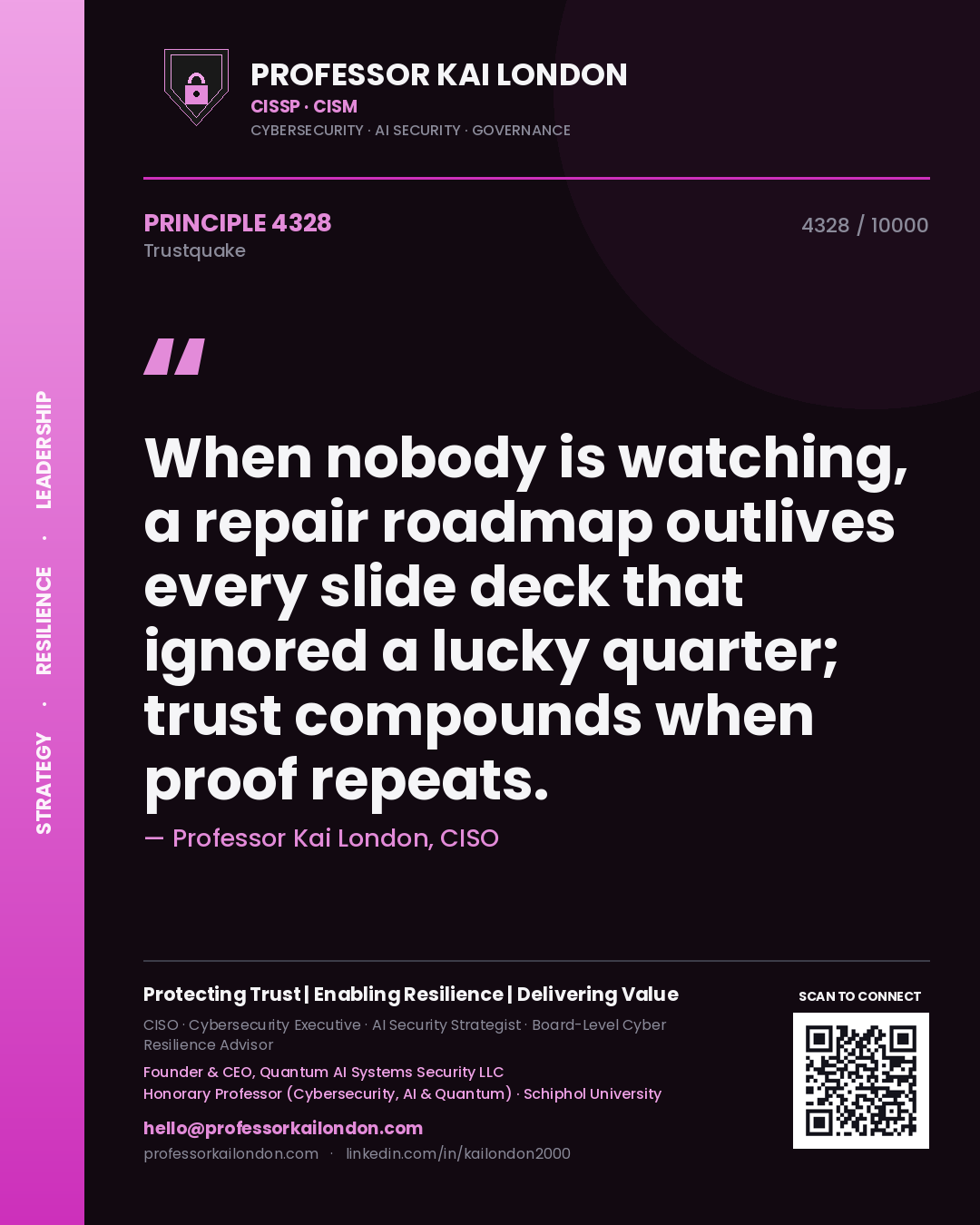Quote card by Professor Kai London reading 'When nobody is watching, a repair roadmap outlives every slide deck that ignored a lucky quarter; trust compounds when proof repeats.'. From the book Trustquake.