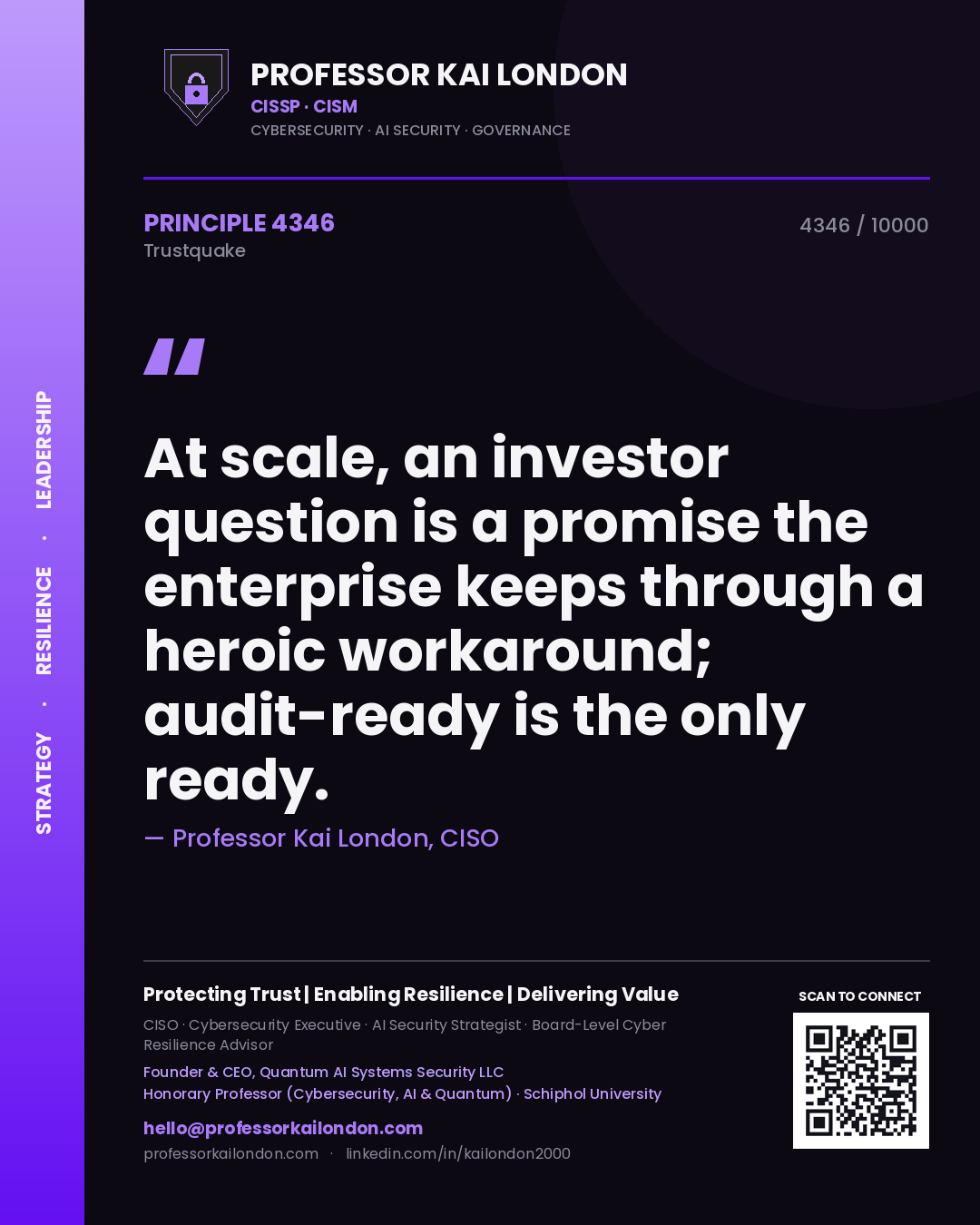 Quote card by Professor Kai London reading 'At scale, an investor question is a promise the enterprise keeps through a heroic workaround; audit-ready is the only ready.'. From the book Trustquake.