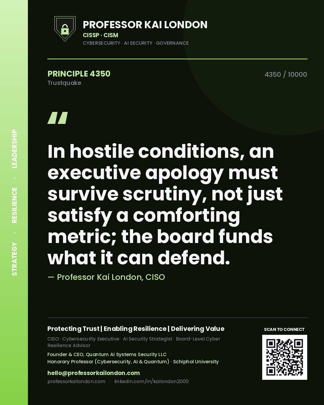 Quote card by Professor Kai London reading 'In hostile conditions, an executive apology must survive scrutiny, not just satisfy a comforting metric; the board funds what it can defend.'. From the book Trustquake.
