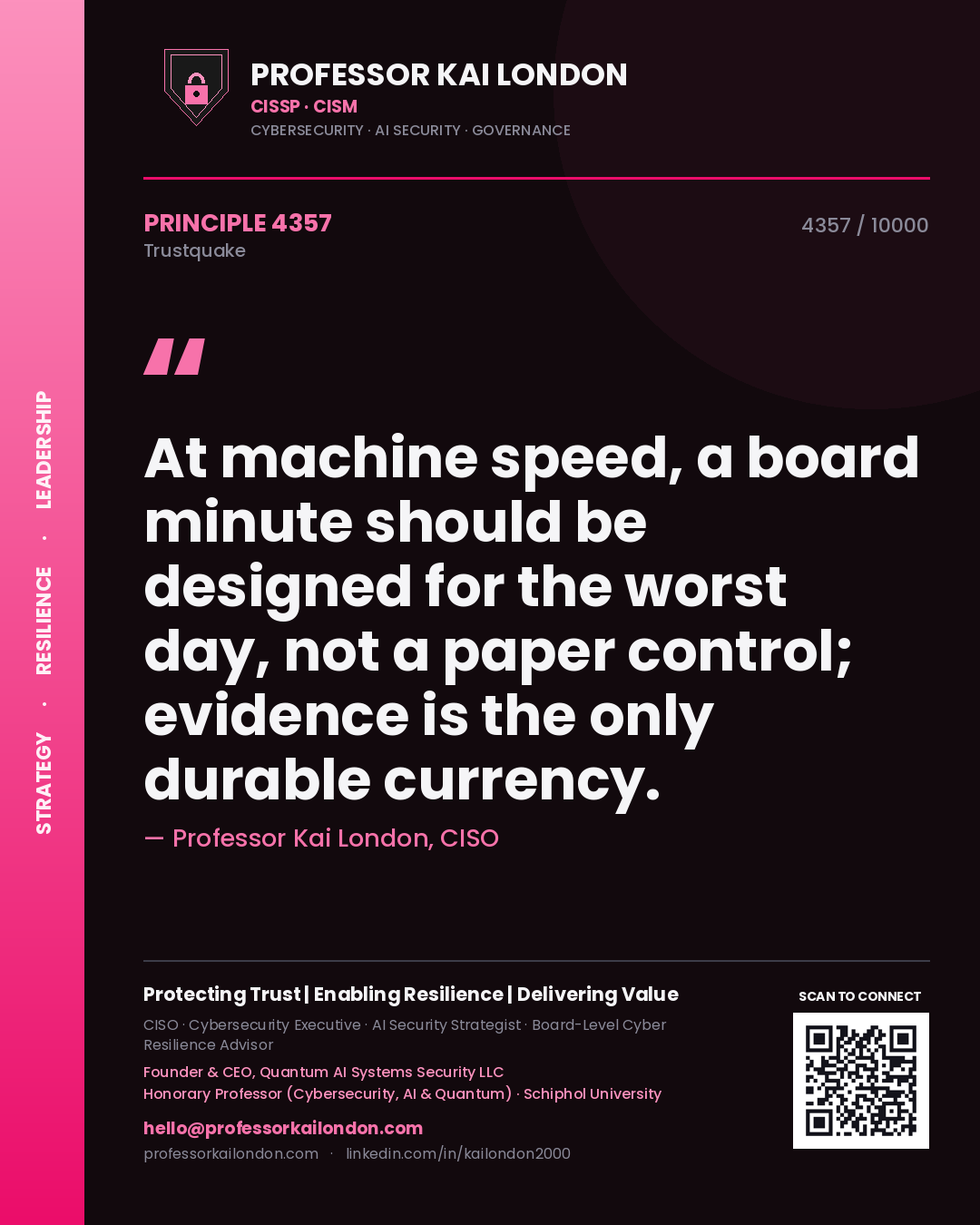 Quote card by Professor Kai London reading 'At machine speed, a board minute should be designed for the worst day, not a paper control; evidence is the only durable currency.'. From the book Trustquake.