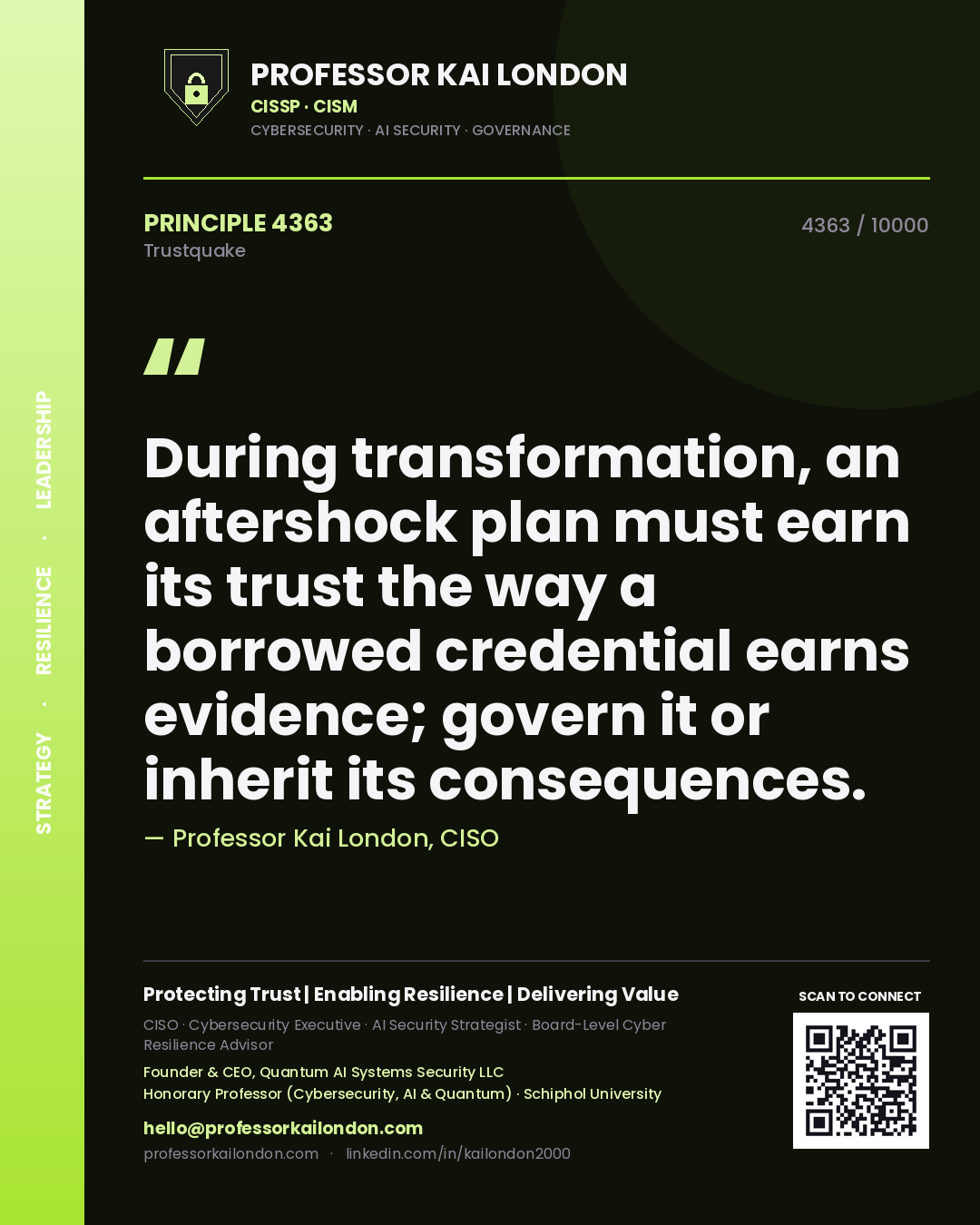 Quote card by Professor Kai London reading 'During transformation, an aftershock plan must earn its trust the way a borrowed credential earns evidence; govern it or inherit its consequences.'. From the book Trustquake.