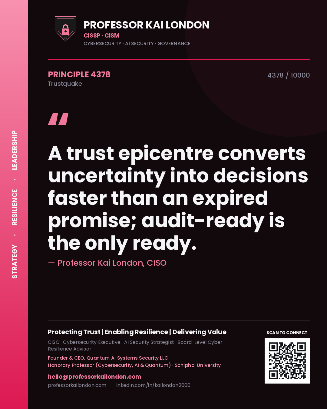 Professor Kai London principle 4378: A trust epicentre converts uncertainty into decisions faster than an expired promise; audit-ready is the only ready.