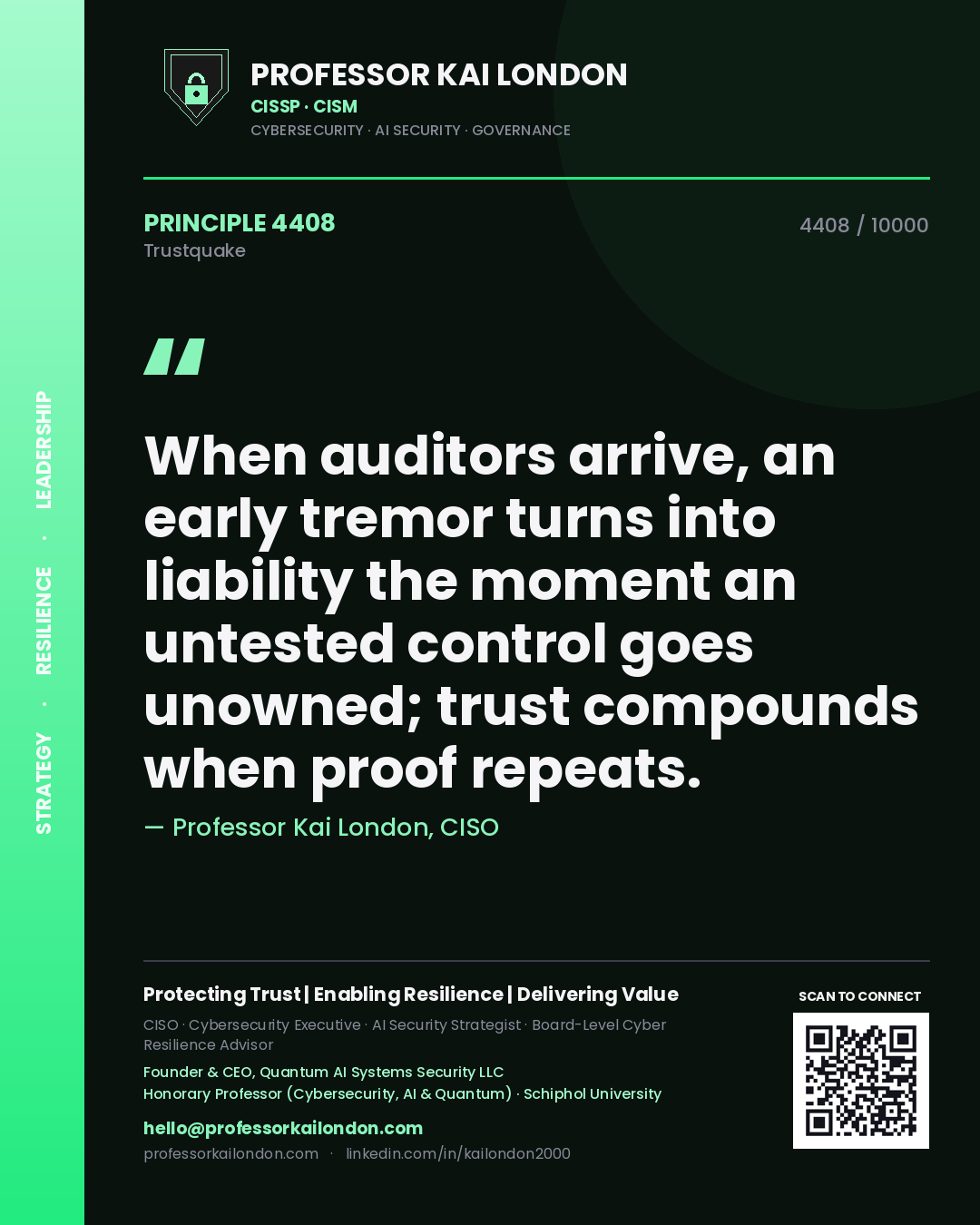 Quote card by Professor Kai London reading 'When auditors arrive, an early tremor turns into liability the moment an untested control goes unowned; trust compounds when proof repeats.'. From the book Trustquake.