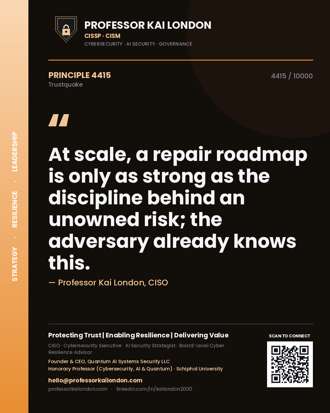 Quote card by Professor Kai London reading 'At scale, a repair roadmap is only as strong as the discipline behind an unowned risk; the adversary already knows this.'. From the book Trustquake.