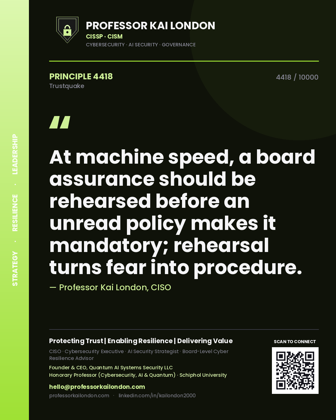 Quote card by Professor Kai London reading 'At machine speed, a board assurance should be rehearsed before an unread policy makes it mandatory; rehearsal turns fear into procedure.'. From the book Trustquake.