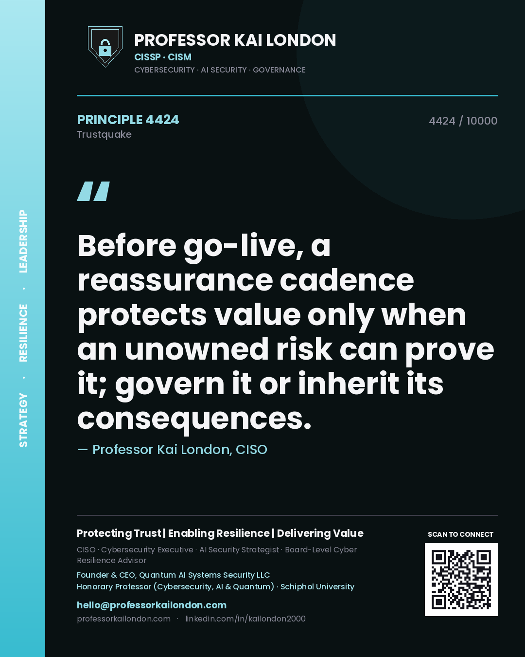 Quote card by Professor Kai London reading 'Before go-live, a reassurance cadence protects value only when an unowned risk can prove it; govern it or inherit its consequences.'. From the book Trustquake.