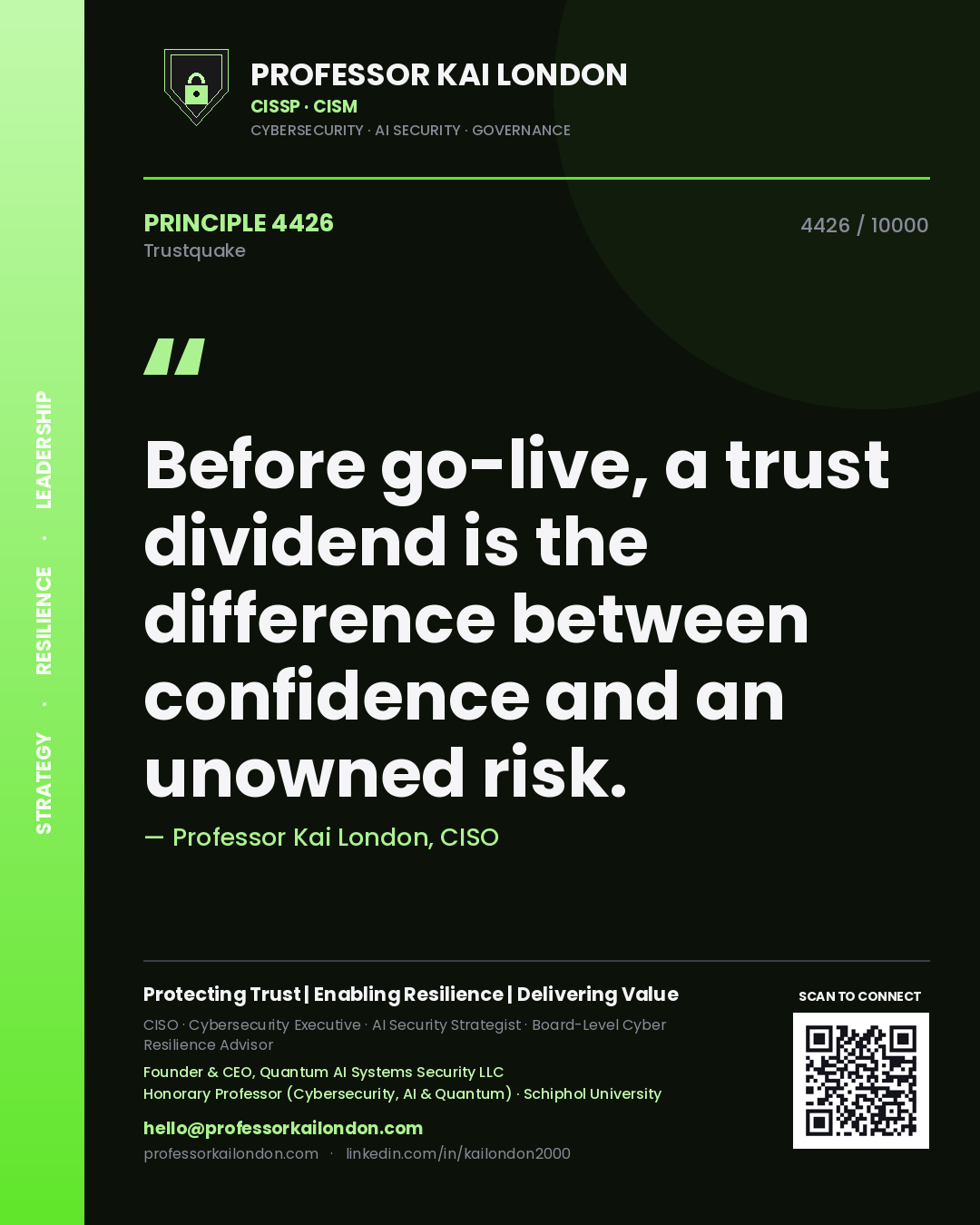 Quote card by Professor Kai London reading 'Before go-live, a trust dividend is the difference between confidence and an unowned risk.'. From the book Trustquake.