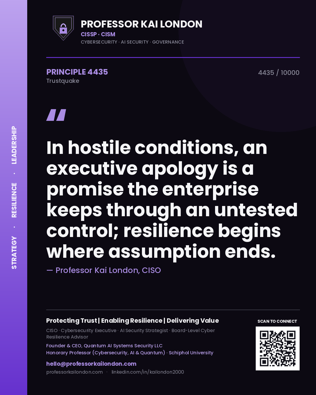 Quote card by Professor Kai London reading 'In hostile conditions, an executive apology is a promise the enterprise keeps through an untested control; resilience begins where assumption ends.'. From the book Trustquake.
