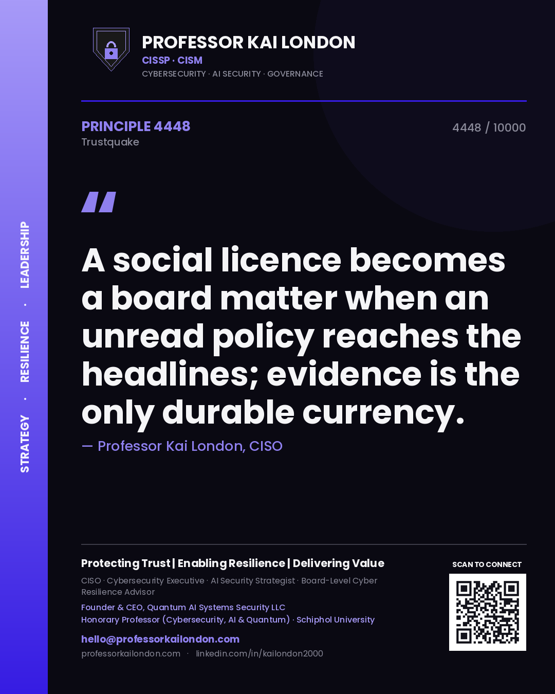 Quote card by Professor Kai London reading 'A social licence becomes a board matter when an unread policy reaches the headlines; evidence is the only durable currency.'. From the book Trustquake.