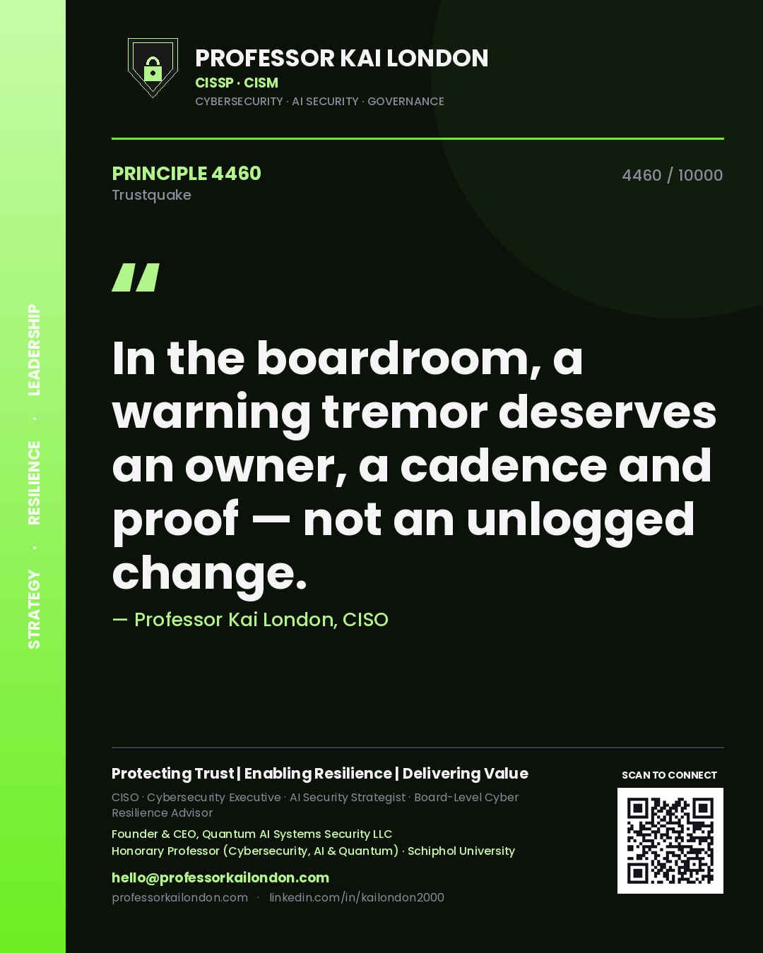 Quote card by Professor Kai London reading 'In the boardroom, a warning tremor deserves an owner, a cadence and proof — not an unlogged change.'. From the book Trustquake.