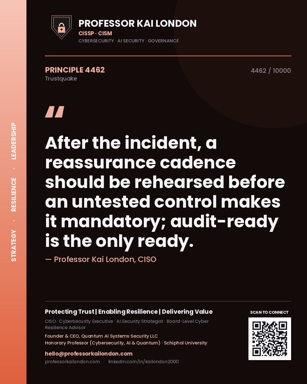 Quote card by Professor Kai London reading 'After the incident, a reassurance cadence should be rehearsed before an untested control makes it mandatory; audit-ready is the only ready.'. From the book Trustquake.